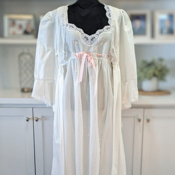 Barbizon Other - Vintage BARBIZON White Pink Robe Gown Nightgown Ribbon Set Cotton 2 Piece Lace L